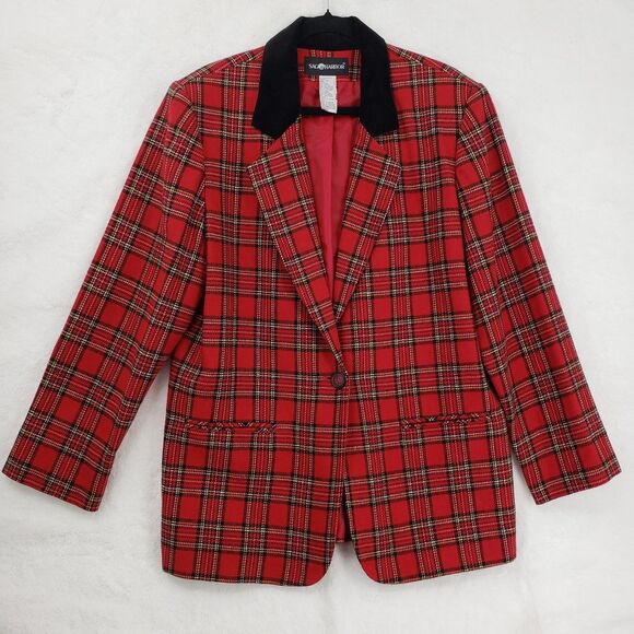 Vintage Sag Harbor Jacket Women US 14 Red Plaid Wool Blend Academia Old Money - Picture 1 of 9